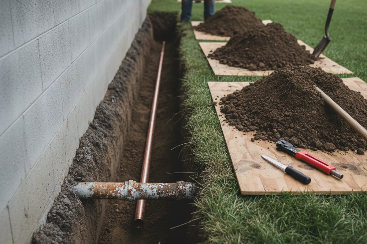 Excavated water line trench during Water Heater Repair in Lorena